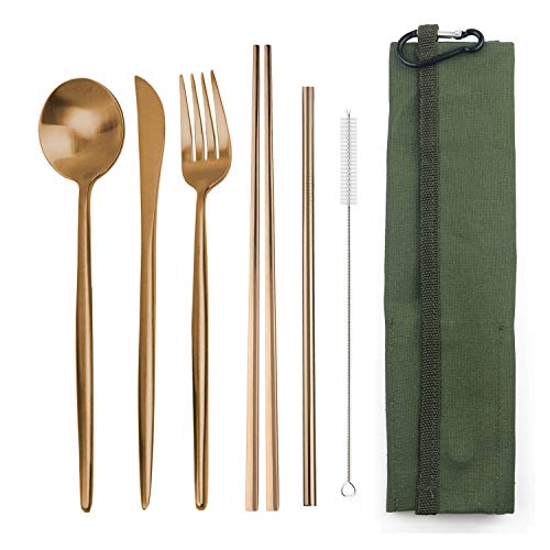 Portable 6 Pieces Flatware Set (Green Pouch / Rose Gold)