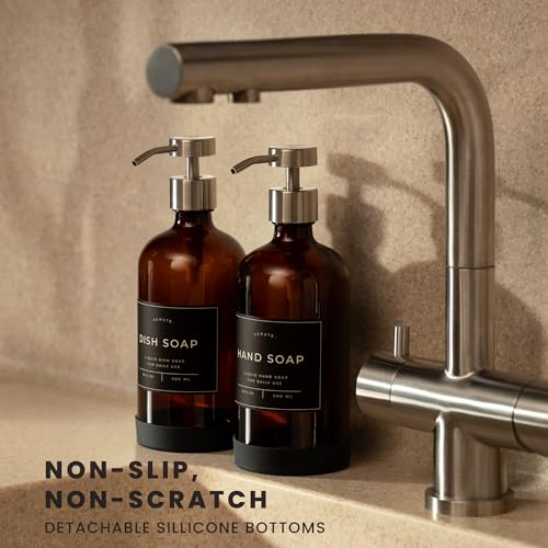 Hand and Dish Soap Dispenser for Kitchen and Bathroom (Amber Bottle / Brushed Silver Pump)