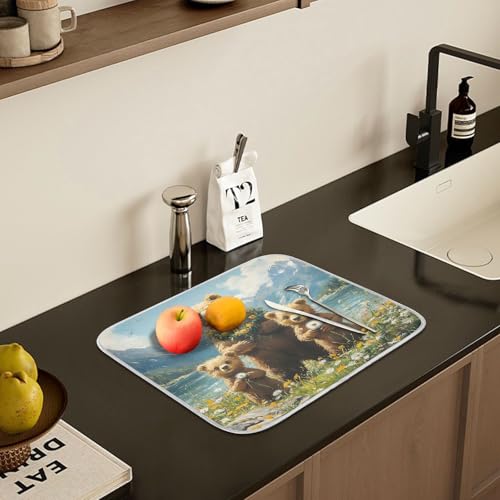 Three Bear Dish Drying Mat for Kitchen Counter Absorbent Microfiber Large Drying Pad Dandelion Wildflowers Dish Mats for Kitchen Countertops 18 x 24 Inch (24" x 18")