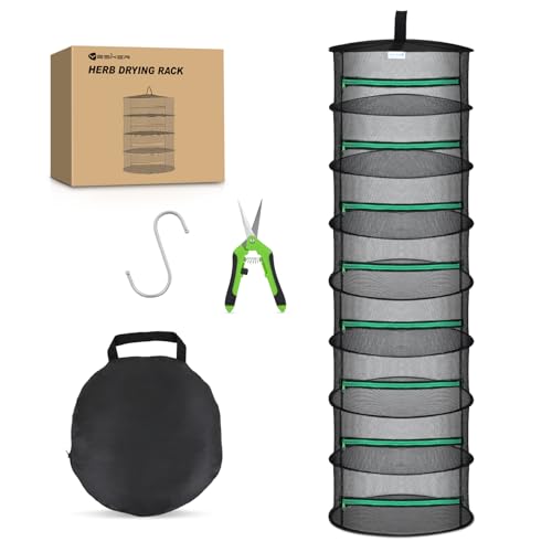 8 Layer Herb Drying Rack Hanging Mesh Net Foldable Plant Drying Racks 24" w Green Zipper Pruning Shears Hook Dryer Hanging Rack for Herbs Seed Bud Fruit Clothes Grow Tent Closets Garden Outdoor
