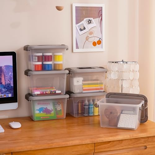 4 Packs 6 QT Plastic Storage Bins with Latching Lids Stackable Storage Containers for Organizing Clear Storage Box for Garage (6.0QT / 4 PACK GREY)