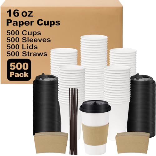16 oz 500 Pack Coffee Cups with Lids and Sleeves (White-500packs / 16 oz)
