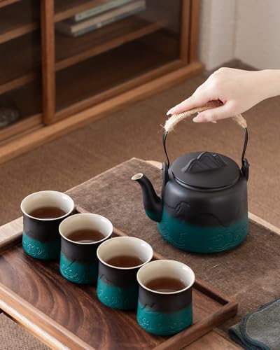 Ceramic Teapot with Infuser (Black/Green / 33.8oz Teapot&4 of 8oz Cups)