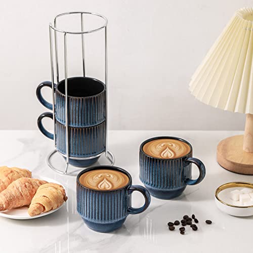 Navy Coffee Mugs Porcelain Set of 4 with Rack (Navy / 12 Ounces)