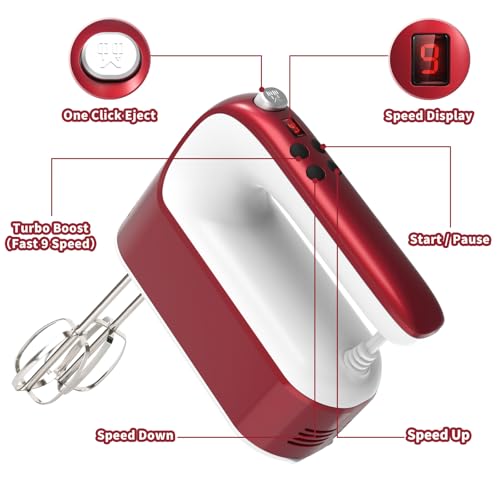 9 Speed Digital Hand Mixer Electric (Red/White)