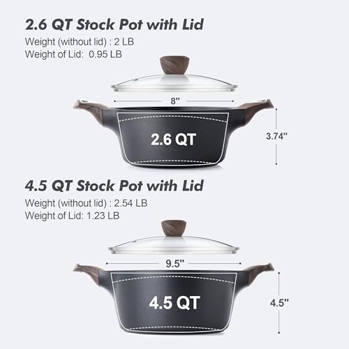 Nonstick Pot Stock Pot with Lid (2.6 + 4.5 Quarts / Classic Black)