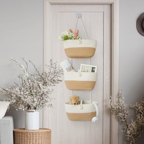 3 Tier Hanging Baskets for Storage with Pearl Button Strap (White&Jute / 3 tier+Pearl Button)