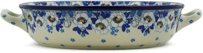Polmedia Polish Pottery Round Baker with Handles 10-inch - Blue Spring Pattern Handmade in Boleslawiec Poland by Ceramika Artystyczna + Certificate of Authenticity