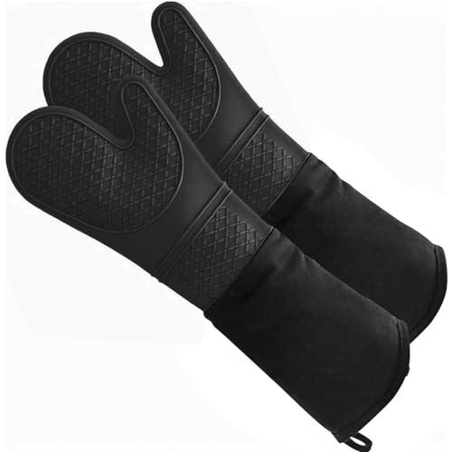 Extra Long Silicone Oven Mitts Heavy Duty Commercial Grade Oven Mitts Heat Resistant BBQ Gloves with Quilted Cotton Lining 2 Pack