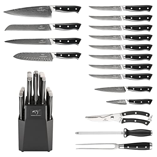 18PCS Damascus Knife Set with Steak Knives & Block (Black/Black / 18 Pieces)