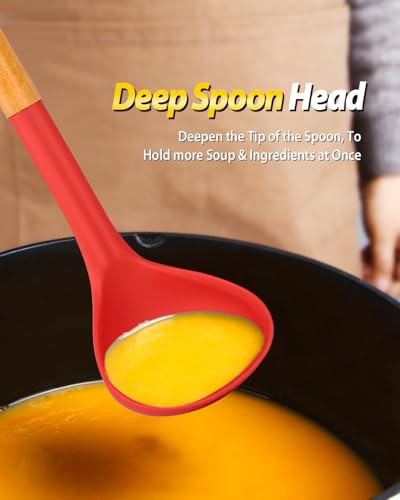 Silicone Soup Ladle and Pasta Spoon Set with Wooden Handle (2 Count)