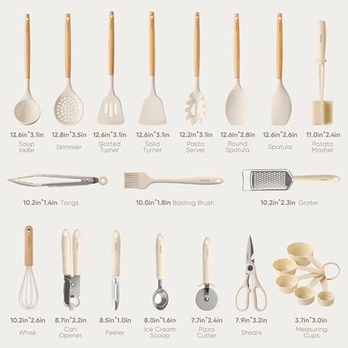 22 Piece Cooking Utensils Set with Wood Cool (22 PCS / Cream White)