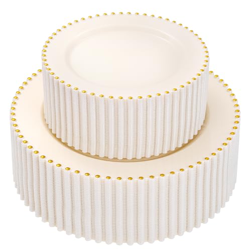 100pcs Ivory Plastic Plates with Gold Beads for Wedding & Party (100 Count)