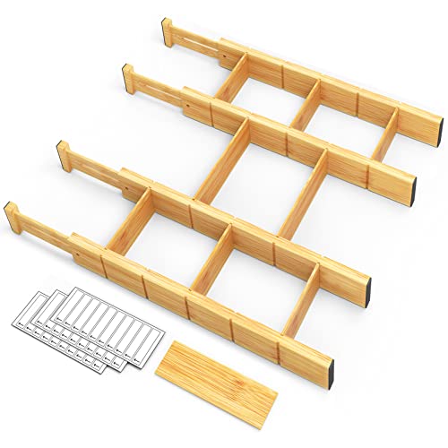 Bamboo Drawer Dividers with Inserts and Labels (2.35''H, 17''-22''L, 4 Dividers / NATURAL)