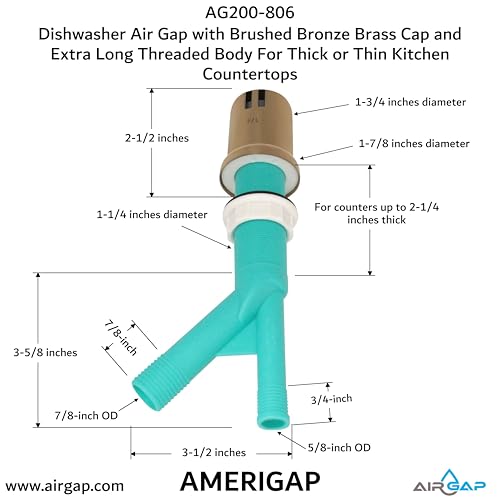 Dishwasher Air Gap with Skirted Brushed Bronze Brass Cap and Extra Long Threaded Body for Thick or Thin Kitchen Countertops (AG200-806)
