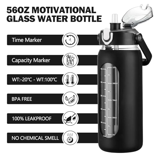 56oz Glass Water Bottles with Straw (Black / 56 Ounces)