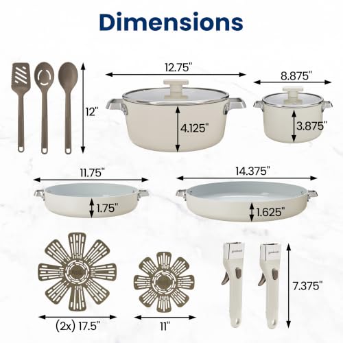 14 Piece Ceramic Cookware Set with Removable Handles (Cream)