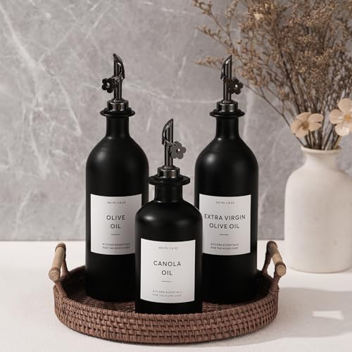Olive Oil Dispenser for Kitchen (16oz-Black&Black Spout+Tray / 16 fl oz)