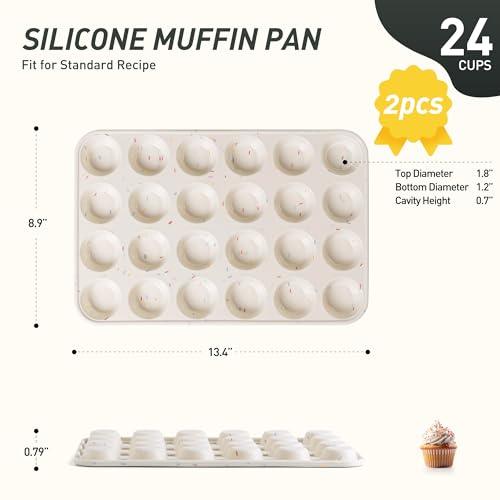 2 Pack 24 Cups Silicone Mini Muffin Pan with Metal Reinforced Frame Silicone Molds Cupcake Cake Baking Cheesecake Pans Cookie Baking Chocoflan Cupcake Mold Mini Bundt Cake Pan Women Gift (2pc: 24-Cup Mini / Cream)