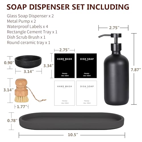Set of 5 Kitchen Soap Dispenser Set 16 Oz Glass Hand Dish Soap Dispenser with Stainless Steel Pump (Black)
