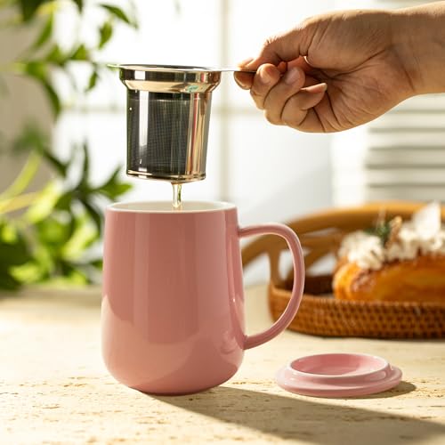 20 OZ Porcelain Tea Mug with Infuser and Lid (Pink)