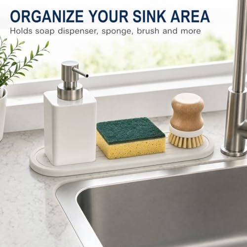 2PCS Water Absorbing Stone Drying Tray Mat for Bathroom Sink & Kitchen Counter Faucet Organizer Decor (2 Pack - Natural White / 10"x 3.8")