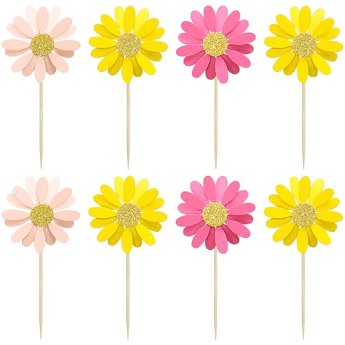 24Pcs Daisy Cupcake Toppers Daisy Cake Decorations Chrysanthemum Cupcake Toppers Spring Daisy Flower Cake Picks for Birthday Wedding Supplies Multicolor 3 (24 Count)