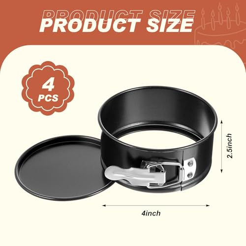 4 Pcs 4 Inch Non Stick Springform Pan with Removable Bottom Carbon Steel Round Springform Cheesecake Pan with Stainless Steel Spring Buckles for Baking Kitchens Restaurant (Black / 4 Inch)