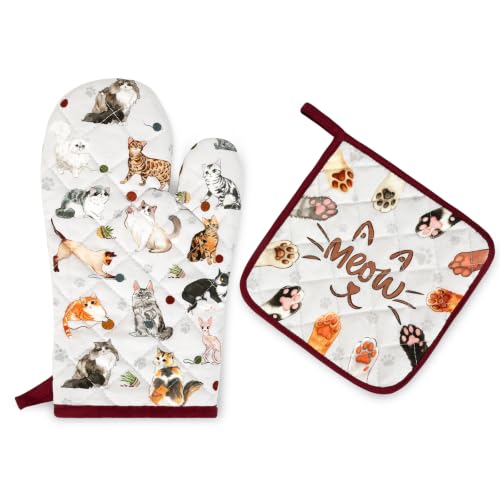 Cute Cat Oven Mitts and Pot Holders Set (Cat / Oven Mitt x1 & Pot Holder x1)