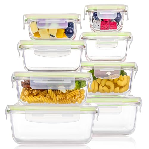 8 Pack Glass Food Storage Containers with Airtight Lids (Grass Green)