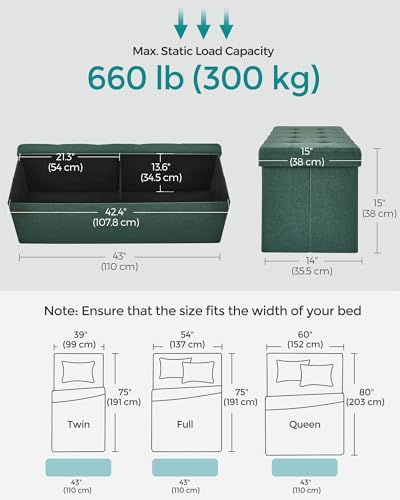 43.3 Inches Folding Storage Ottoman Bench (Retro Green / 15"D x 43"W x 15"H (without Flipping Lid))