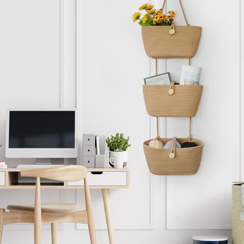 Over the Door Hanging Baskets with Wooden Button (Jute / 3 tier+Wooden Button)