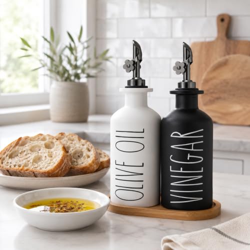 Premium Olive Oil Dispenser for Kitchen (Black&White+Tray / 11.8 fl oz)