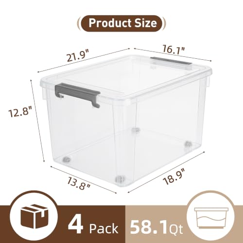 4 Pack 58.1 QT Clear Plastic Storage Bins with Latching Lids (Clear White / 4 PCS-58.1 QT)
