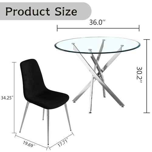 36" Round Glass Dining Table Set for 4 (Silver Round Table/Black Velvet Chairs / 5 Pieces)