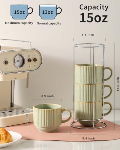 Ceramic Coffee Mugs Set of 4 with Rack (Green Earth / 15 Ounces)