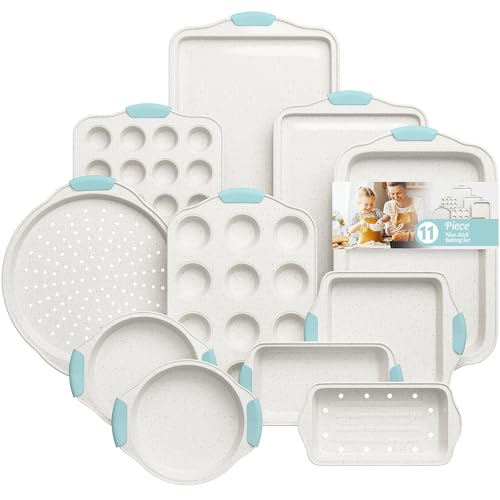 11-Piece Non-Toxic Bakeware Set – Nonstick, Stackable & Oven Safe Pans set (White&Blue)