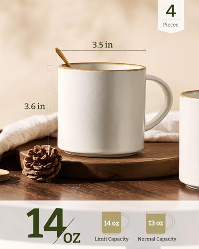 Coffee Mugs Set of 4 (Matte Beige White with Brown Rim / 4pcs)