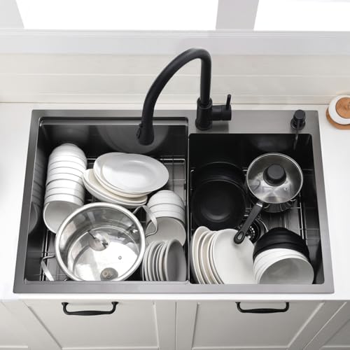 33 Inch Black Drop In Double Bowl Kitchen Sink (Black / double bowl‎)