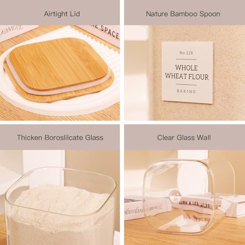 2 Pack large Square Glass Flour and Sugar Containers with 132 Kitchen Pantry Labels