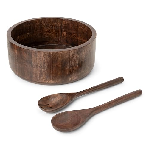 12" Dark Burnt Wooden Salad Bowl Set with Serving Utensils Eco (Dark Burnt / Extra Large)