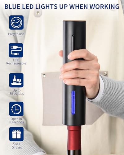 Electric Wine Bottle Opener Set Rechargeable Wine Corkscrew Cordless Wine Set with Charging Base (Black & Silver / Prestige Set)