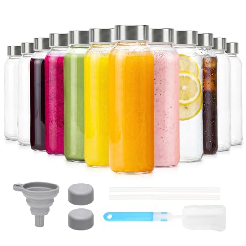 Glass Water Bottles with Lids 16 oz (Clear Glass Bottle 12 Pack / 16 Ounces)