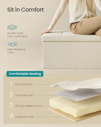 43.3 Inches Folding Storage Ottoman Bench (Cream White / 15"D x 43"W x 15"H (without Flipping Lid))