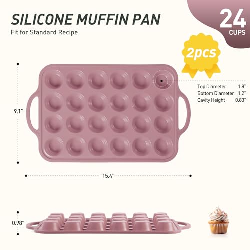 2 Packs 24 Cups Silicone Muffin Pan with Metal Reinforced Frame Mini Size Cupcake Pan Tray Egg Bites Silicone Circle Cookie Molds Muffin Tin Tart Pans Baking Sheet Set for Breakfast Sandwiches (Mini / Morandi Pink)