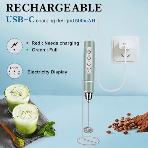 Milk Frother Wand Rechargeable Handheld Whisk Coffee 3 Speed Adjustable (Frother with stand / Morandi Green)
