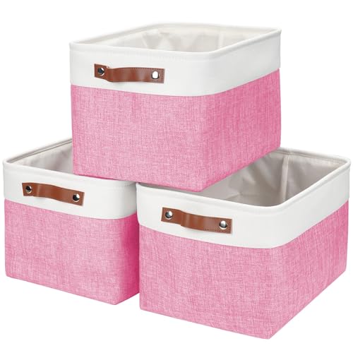 Storage Bins Large Fabric Storage Baskets for Shelves 3 Pack (Pink / Off-White / Large -15"x11"x9.5")