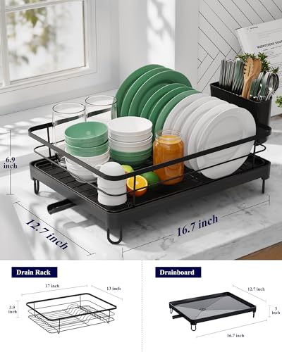 Dish Drying Rack for Kitchen Counter (Black / 12.7''W x 16.7''L - 1 Tier)