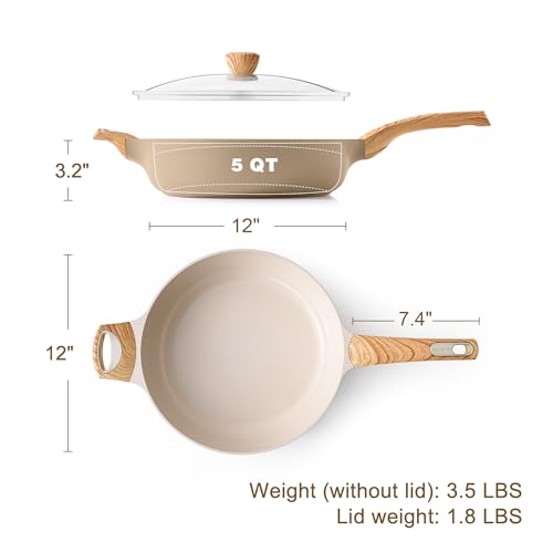 Ceramic Nonstick Frying Pan Skillet with Lid (5QT / 12IN / Ceramic Taupe)