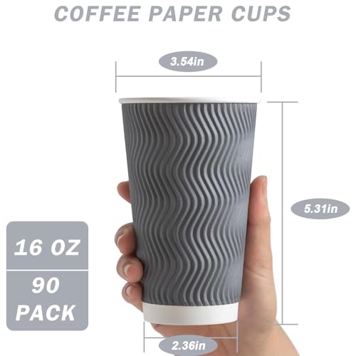 90 Pack 16 oz Coffee Cups Disposable Insulated Paper Cup Gray (Gray / 16 oz-90)